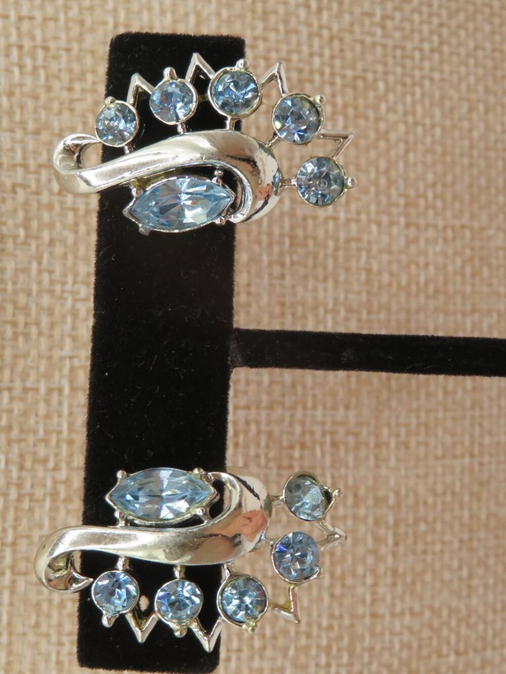 Vintage Coro Blue Rhinestone Silver Tone Clip On Earrings